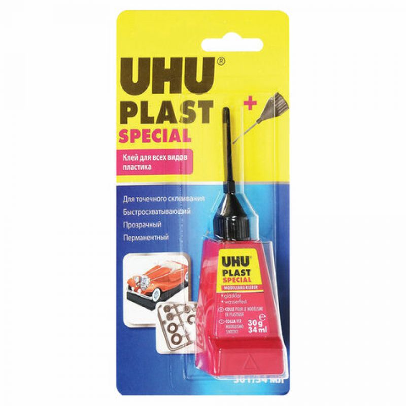 Клей для пластика UHU Plast Special, 30 г, с иглой-дозатором, единичный блистер с европодвесом