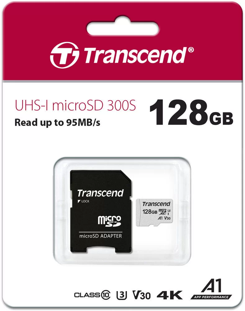 TRANSCEND MICROSDXC 300S CLASS 10 UHS-I U3 A1 V30 128GB + SD ADAPTER.webp