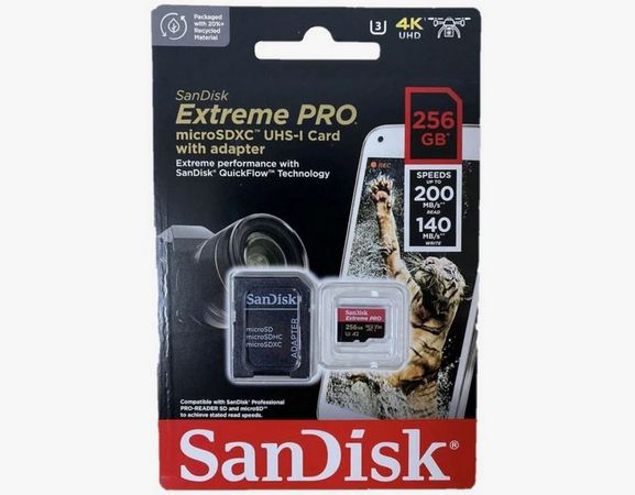 SanDisk Extreme PRO microSDXC 256 ГБ Class 10, V30, A2, UHS-I U3, R-W 200-140 МБ.с, адаптер на SD, 1 шт черный